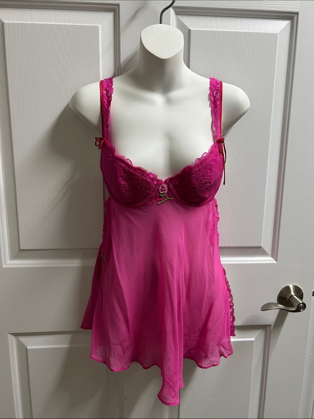 Victoria's Secret Fuchsia Lace Trim Babydoll Chemise lingerie silk 34C small S